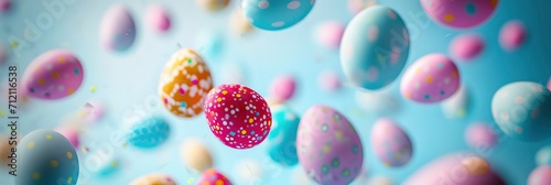 Close-Up Photo Capturing the Playful Motion of Flying Easter Eggs. Infusing Joyful Energy into the Festive Pattern.