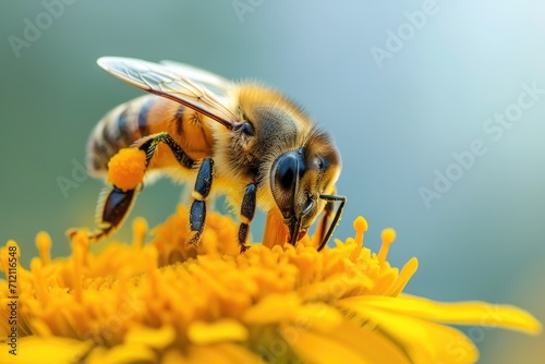 A detailed image of a honeybee collecting nectar from a bloom