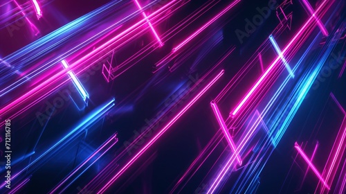 Dark abstract futuristic background. Neon lines  glow. Neon lines  shapes. Pink and blue glow.