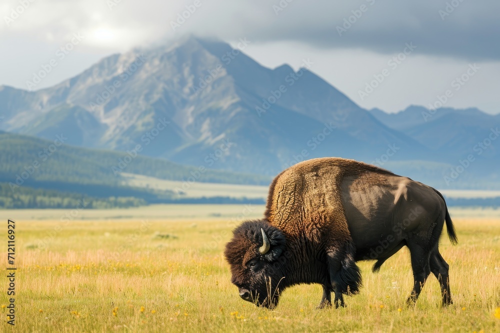 A robust bison grazing in a grassland, with a mountain range background A robust bison grazing in a grassland, with a mountain range background