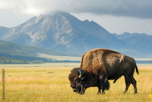A robust bison grazing in a grassland, with a mountain range background