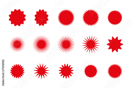 Set of red starburst price sticker, sale or discount sticker, sunburst badges icon. Stars shape with different number of rays. Special offer price tag. starburst promotional badge set 