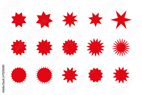 Set of red starburst price sticker, sale or discount sticker, sunburst badges icon. Stars shape with different number of rays. Special offer price tag. starburst promotional badge set
 photo