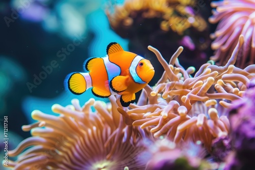 Bright clownfish darting among colorful sea anemones in a coral garden