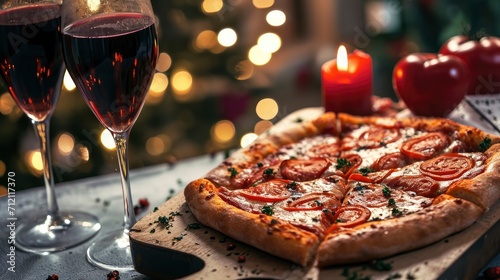 Pizza and wine on bokeh background. Home cooked Valentines Day dinner.
