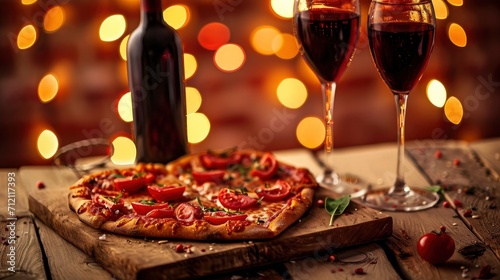 Pizza and wine on bokeh background. Home cooked Valentines Day dinner.