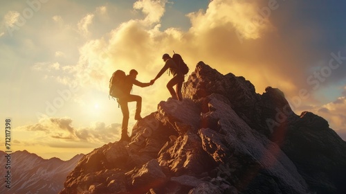 Hiker helping friend reach the mountain top