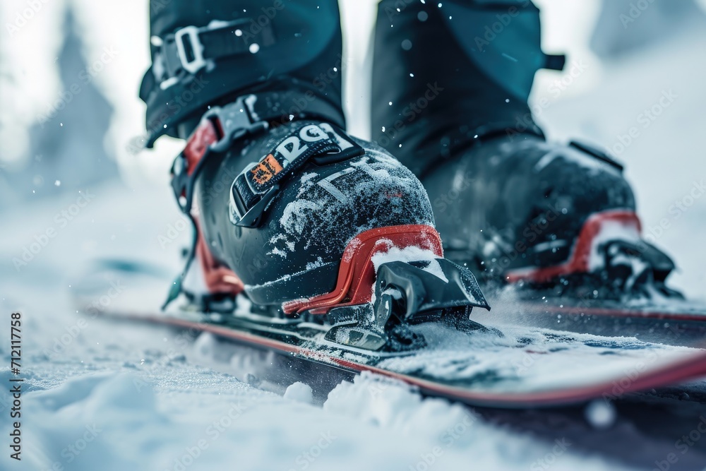 Close-up of a snowboarder's boots and bindings on a snowboard, emphasizing the connection and control - obrazy, fototapety, plakaty 