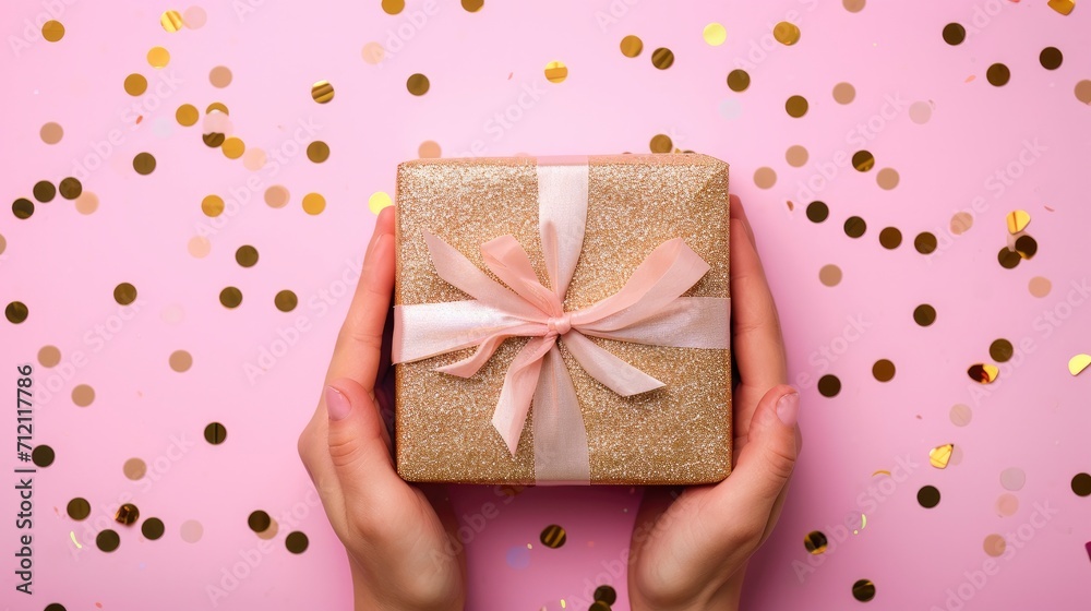 photo of hands posing with a gift box on a pink background photo of hands posing with a gift box on a pink background