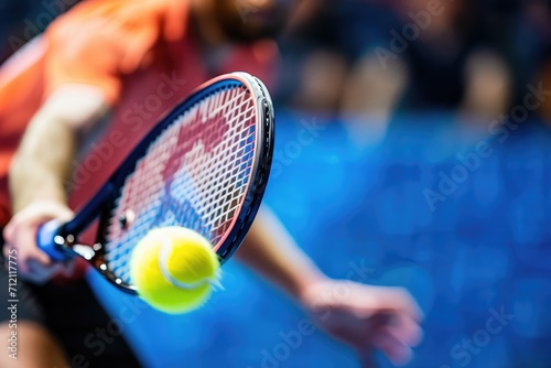 Close-up of a squash player's racket and ball at the moment of a powerful strike, highlighting speed and agility © furyon