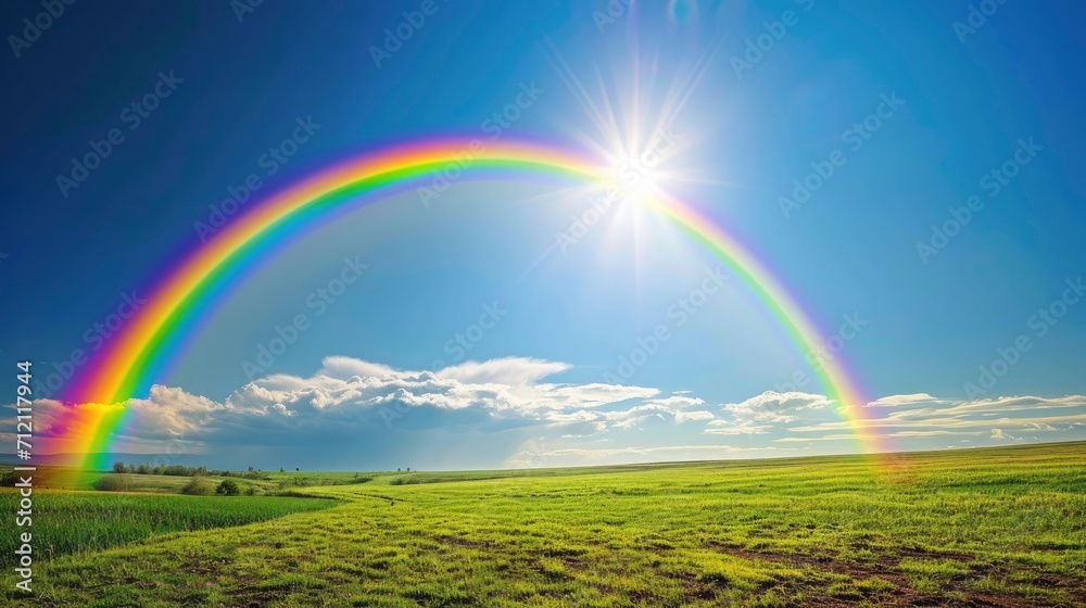 rainbow with sunshine over the field rainbow with sunshine over the field