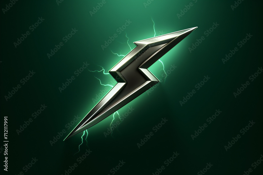 A metallic, chrome lightning bolt with energy field on a dark green background A metallic, chrome lightning bolt with energy field on a dark green background
