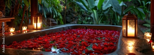 Romantic Rose Petal Bath by Candlelight. Valentine day 2024