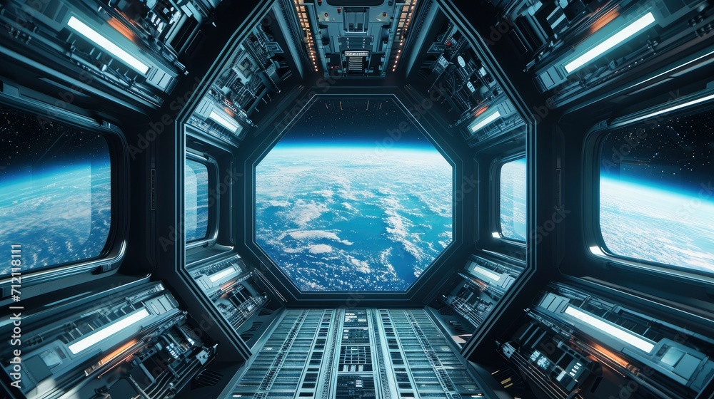 Obraz premium Spaceship futuristic interior with view on planet Earth.
