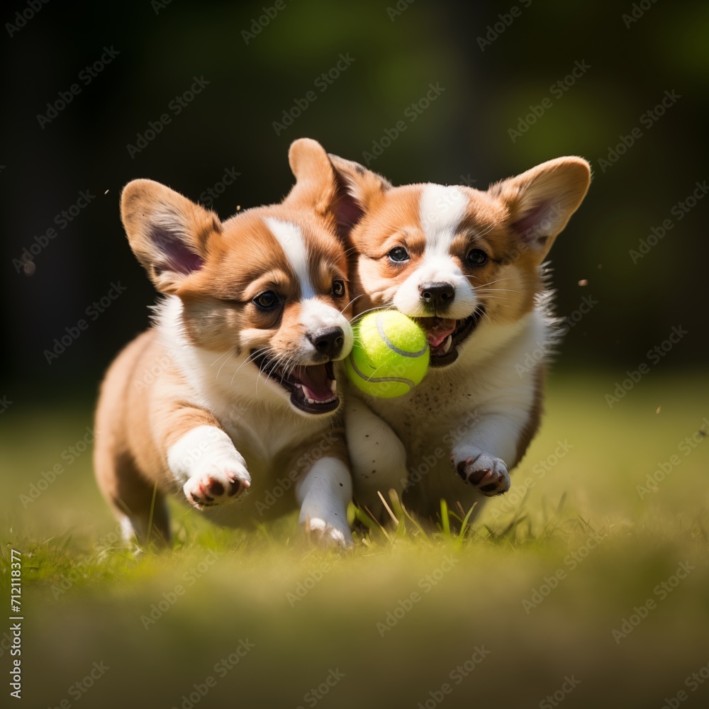 two puppies playing with a ball two puppies playing with a ball