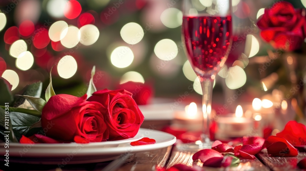 Valentines day red roses on table with champagne, in the style of bokeh Valentines day red roses on table with champagne, in the style of bokeh