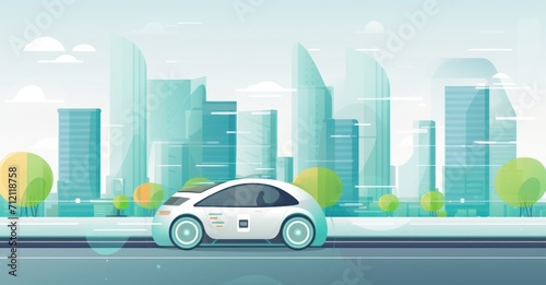 Sleek self-driving electric car navigating a futuristic smart city.