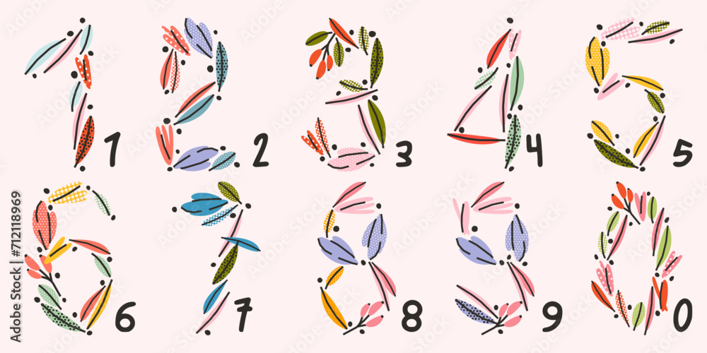 Set of numbers made of flowers and leaves. Floral vector illustration, design, print, design elements