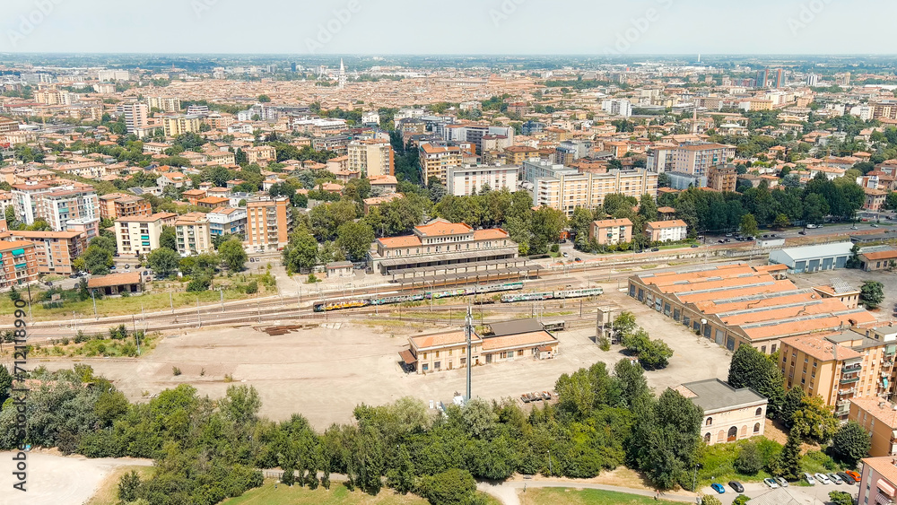 Modena, Italy. Modena Piazza Manzoni railway station. Historical Center. Summer, Aerial View