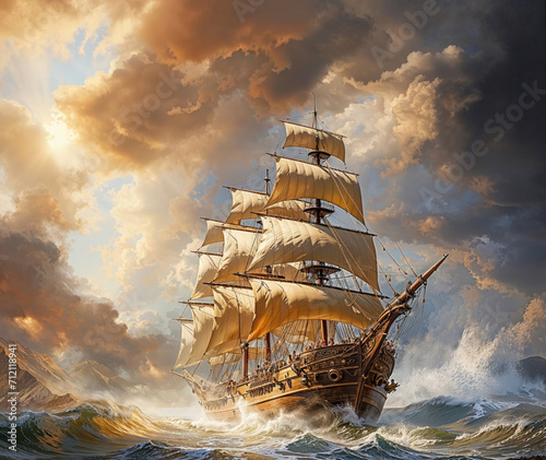 Magnificent ancient sailing ship in a stormy sea photo