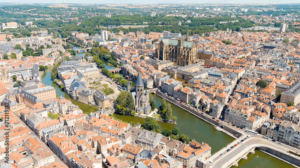 Metz, France. New Temple - Protestant Church. Moselle River. View of the historical city center. Summer, Sunny day, Aerial View
