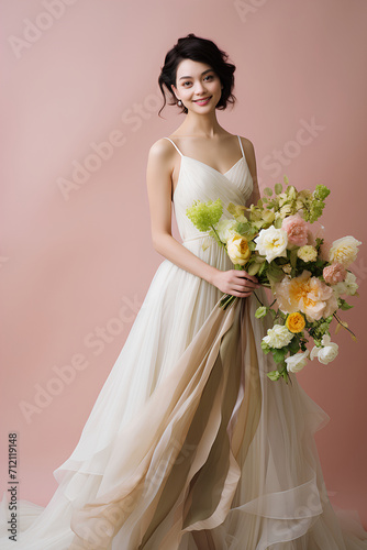 a beautiful bride wearing a wedding dress holding a flower bouquet
