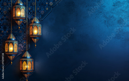 "Discover Elegance in our Premium Islamic Background, featuring a Deep Blue Palette Enhanced by an Illuminated Arabian Lantern. Perfect for Ramadan and Eid Greetings."