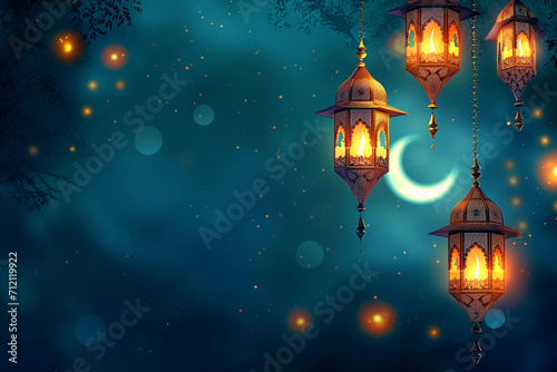 "Elevate Your Greetings with Our Elegant Islamic Background, Featuring a Heavenly Blue Sky, Moon, Stars, and a Luminous Arabian Lantern – Ideal for Ramadan and Eid."