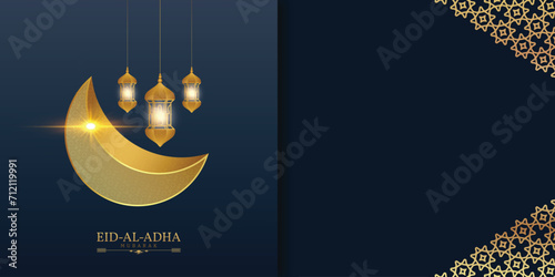 Eid al-adha wishes or greeting bakrid festival banner design with golden moon and blue color Islamic pattern background with goat, social media wishing banner or poster vector illustration
