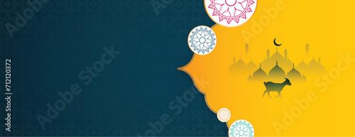 Eid al-adha wishes or greeting bakrid festival banner design with mosque and teal or yellow color Islamic mandala background with goat, social media wishing banner or poster vector illustration