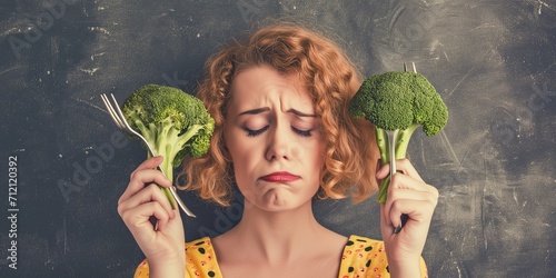 Unhappy woman on diet holding a broccoli