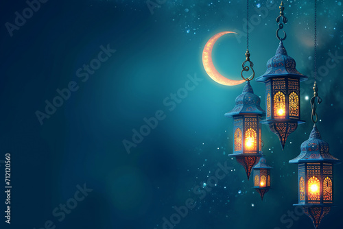 "Elevate Your Greetings with Our Elegant Islamic Background, Featuring a Heavenly Blue Sky, Moon, Stars, and a Luminous Arabian Lantern – Ideal for Ramadan and Eid."