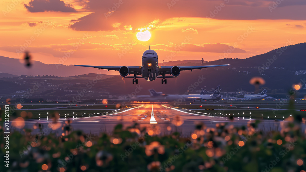 A plane taking off from an airport with beautiful landscape in sunset ,generative ai