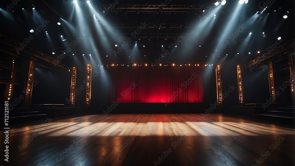 Empty large stage with colorful spotlight, entertainment dance and performance stage ad concept from Generative AI - obrazy, fototapety, plakaty 