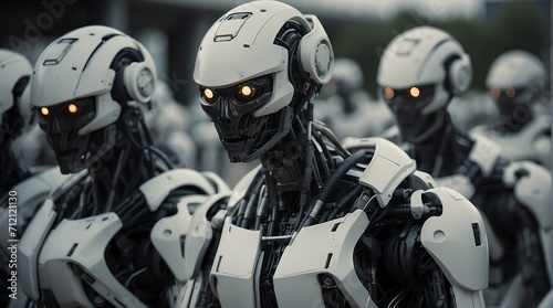 Row of army humanoid robots with weapons on a military base from Generative AI