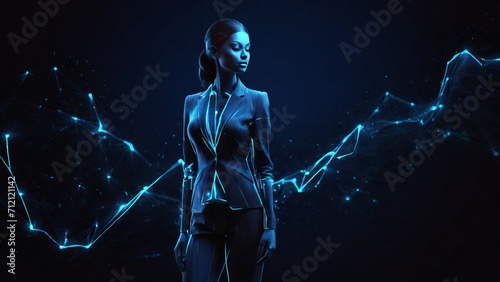 Futuristic polygonal 3d business woman in suit made of glowing linear polygons in dark blue color. Abstract illustration for online business, it, network, support, services app concept.
