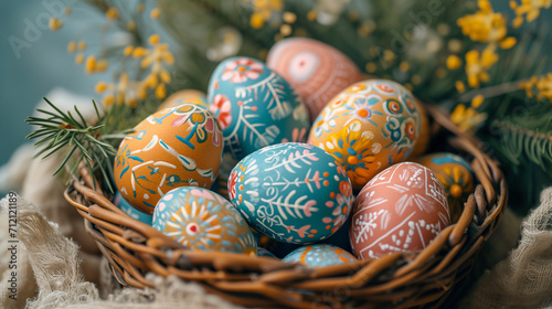 A wicker basket full of ornate hand-painted Easter eggs and spring blossoms