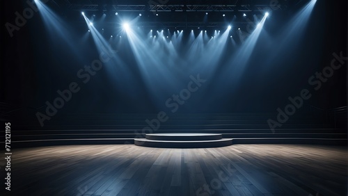 Empty large stage with blue spotlight, entertainment dance and performance stage ad concept from Generative AI