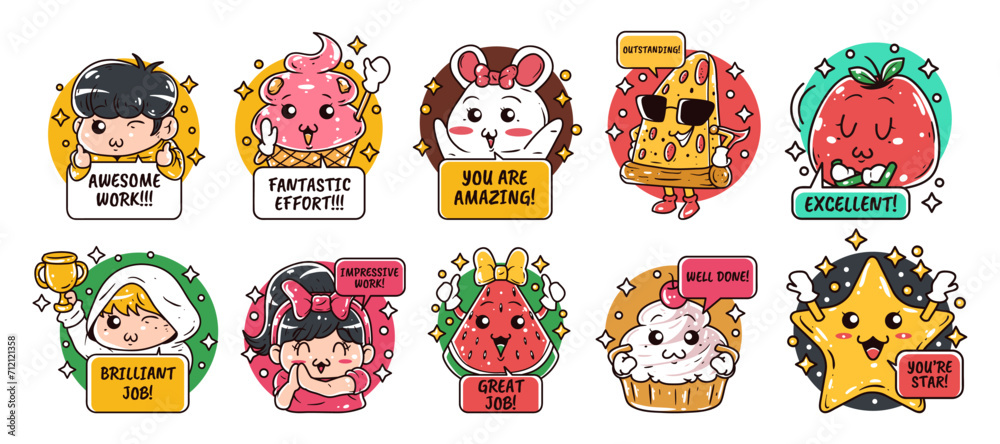 Cute character with a motivation text vector illustration set