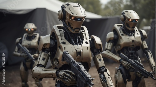 An army humanoid robots with weapons on a military base from Generative AI photo