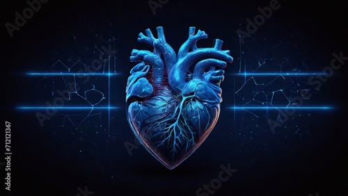 Futuristic polygonal 3d heart made of linear polygons in dark blue color. Modern healthcare, medicine, health, ocular, ophthalmic concept. photo