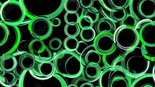 Abstract seamless pattern of neon green circles on plain black background from Generative AI