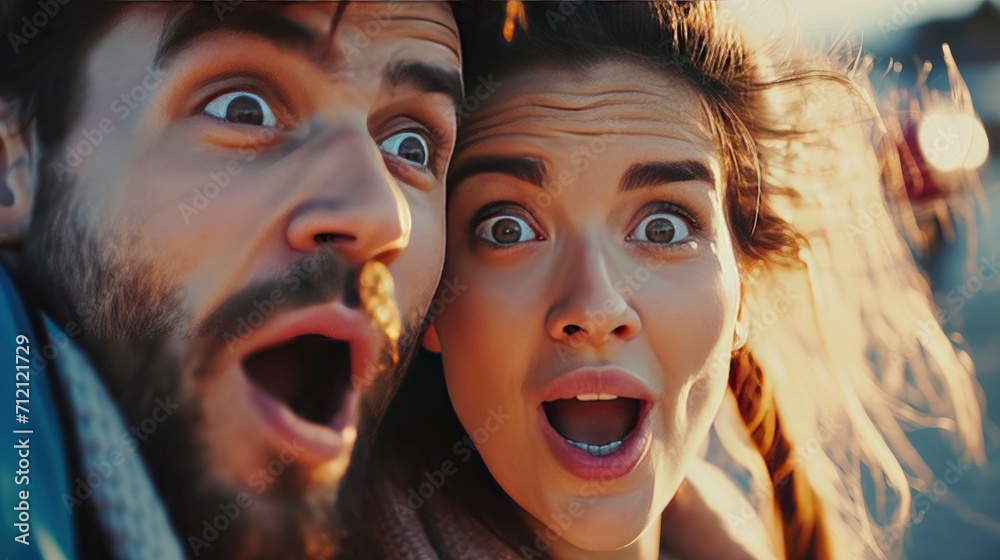 A handsome man and a beautiful woman showed surprised expressions together Realistic aspect