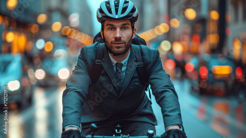 a young man with suit wearing helmet riding a bicycle on a road to work in a city street ,generative ai © JKLoma