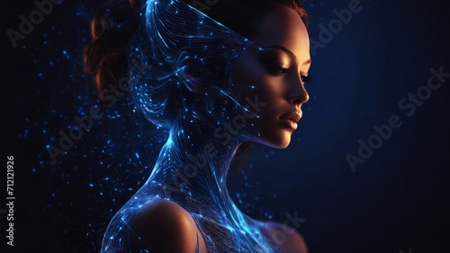 Futuristic 3d face intelligence of woman on polygonal background made of glowing linear polygons in dark blue color. Illustration for online business, it, network, support, services app concept.