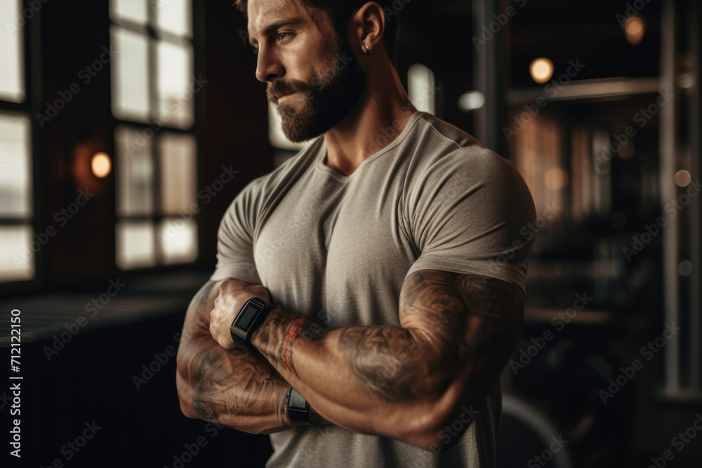 Muscular Tattooed Man at Gym. Strong Athlete in Contemplation.