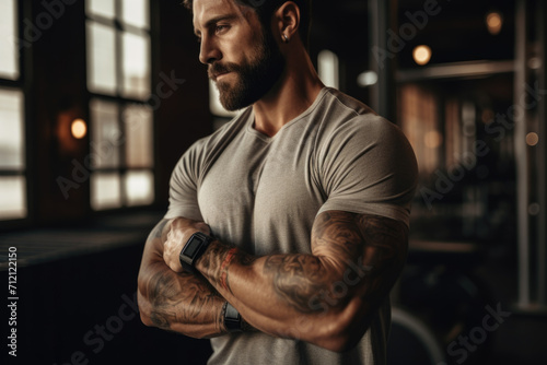 Muscular Tattooed Man at Gym. Strong Athlete in Contemplation.