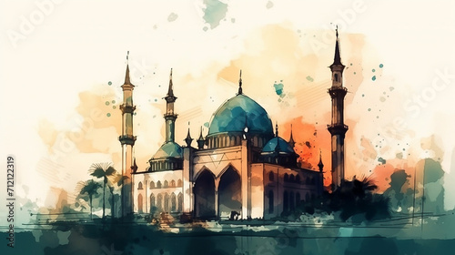 Mosque with minaret in water color style