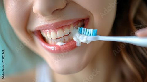 beautiful mouth of woman with hand holding brush brushing, young woman brushing her teeth with a toothbrush isolated on white background.generative ai