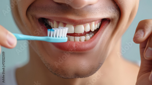 beautiful mouth of man with hand holding brush brushing, young man brushing him teeth with a toothbrush isolated on white background.generative ai